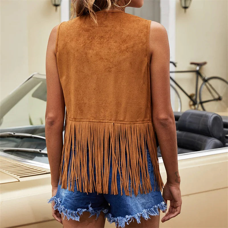 Women's Open-Front Fringed Casual Gilet in Camel