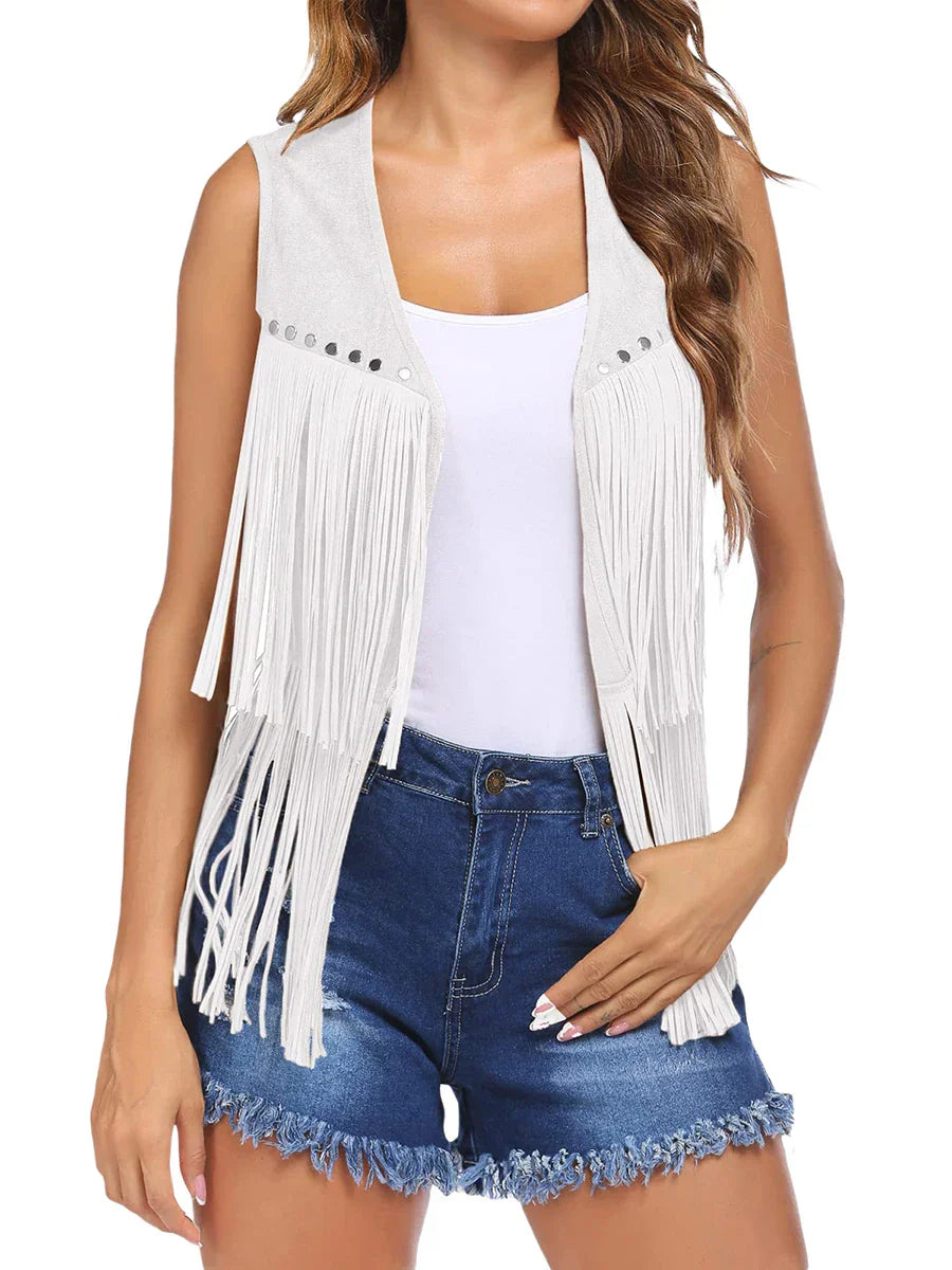 Women's Open-Front Fringed Casual Gilet in White