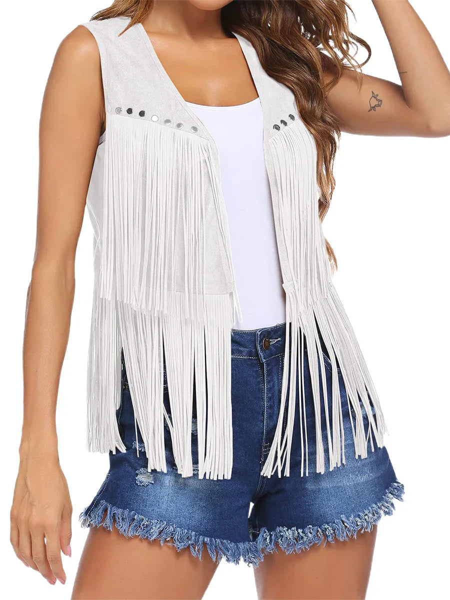 Women's Open-Front Fringed Casual Gilet in White