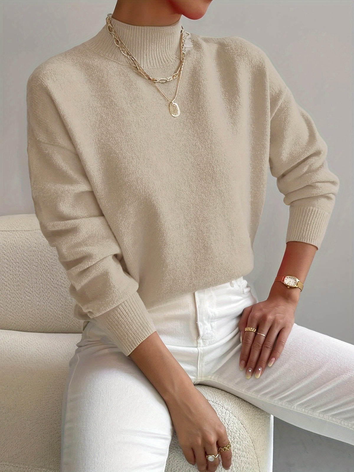 Women's Mock-Neck Casual Jumper in Beige