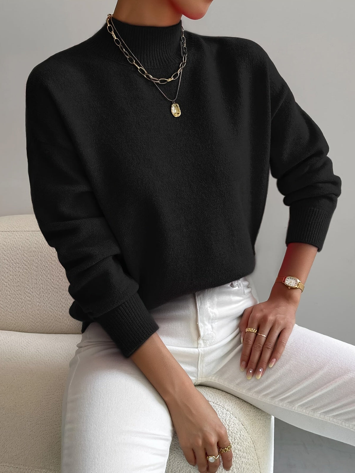 Women's Mock-Neck Casual Jumper in Black