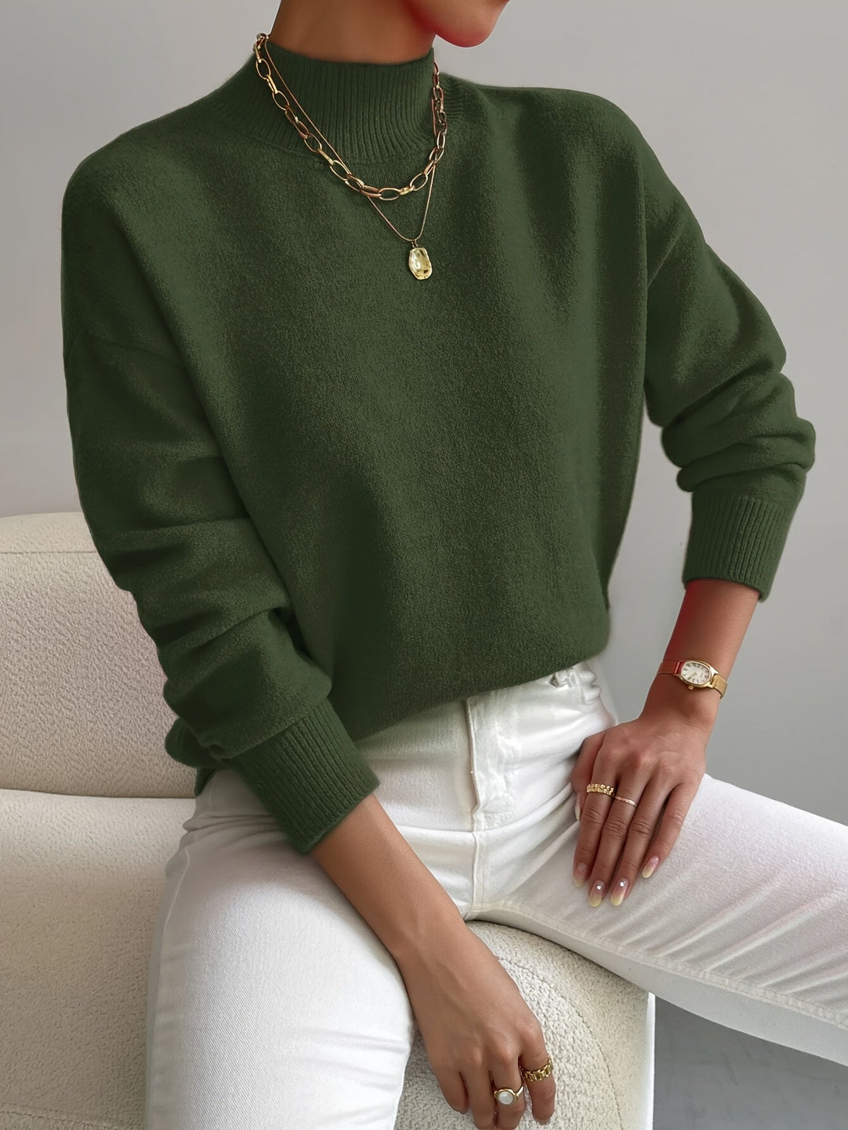 Women's Mock-Neck Casual Jumper in Dark Green