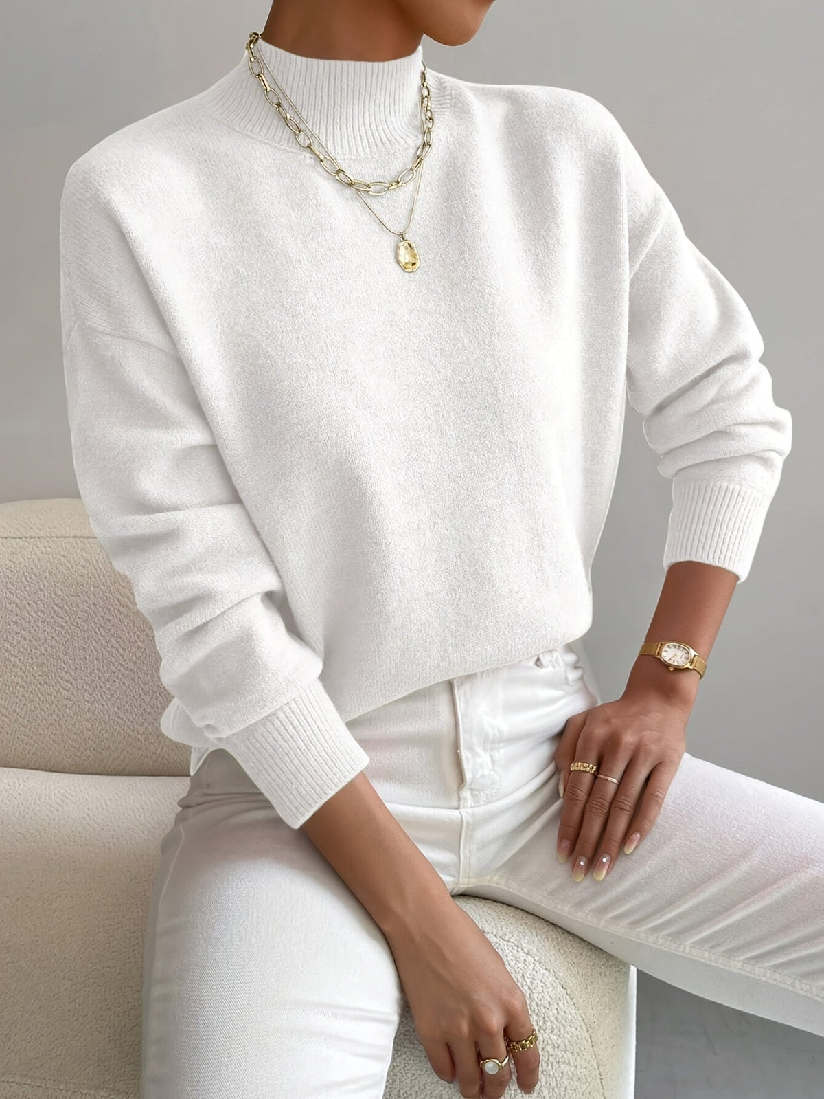 Women's Mock-Neck Casual Jumper in White