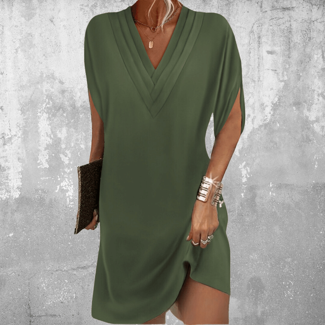 Pleated V-Neck Casual Mini Dress in Olive