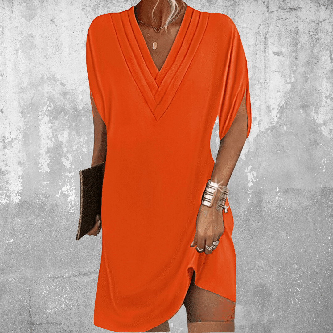 Pleated V-Neck Casual Mini Dress in Orange