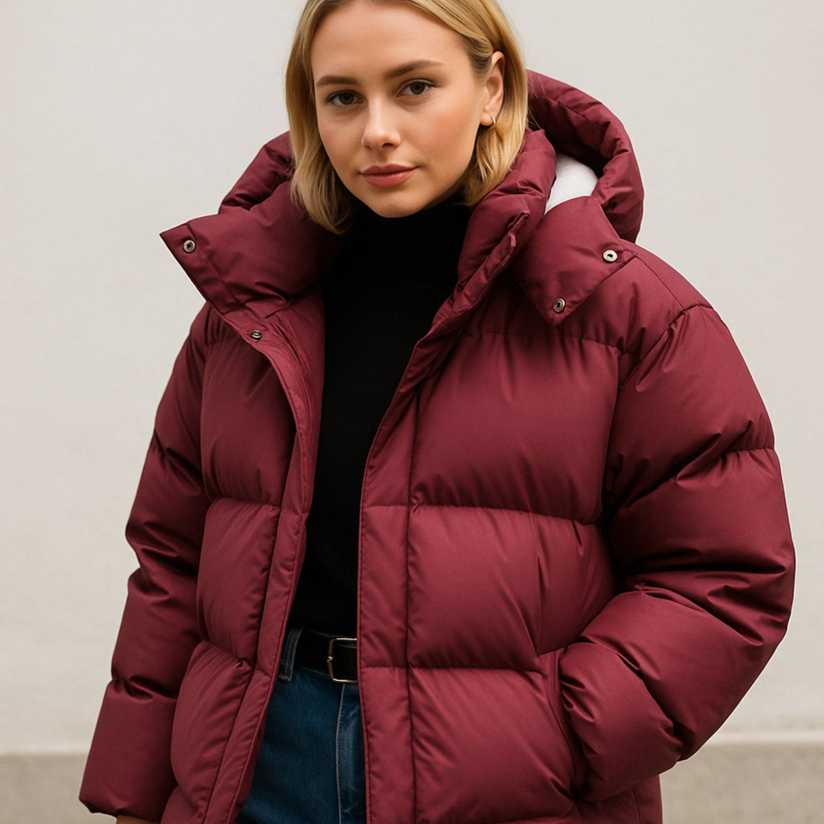 Women's Quilted Hooded Casual Jacket in Burgundy