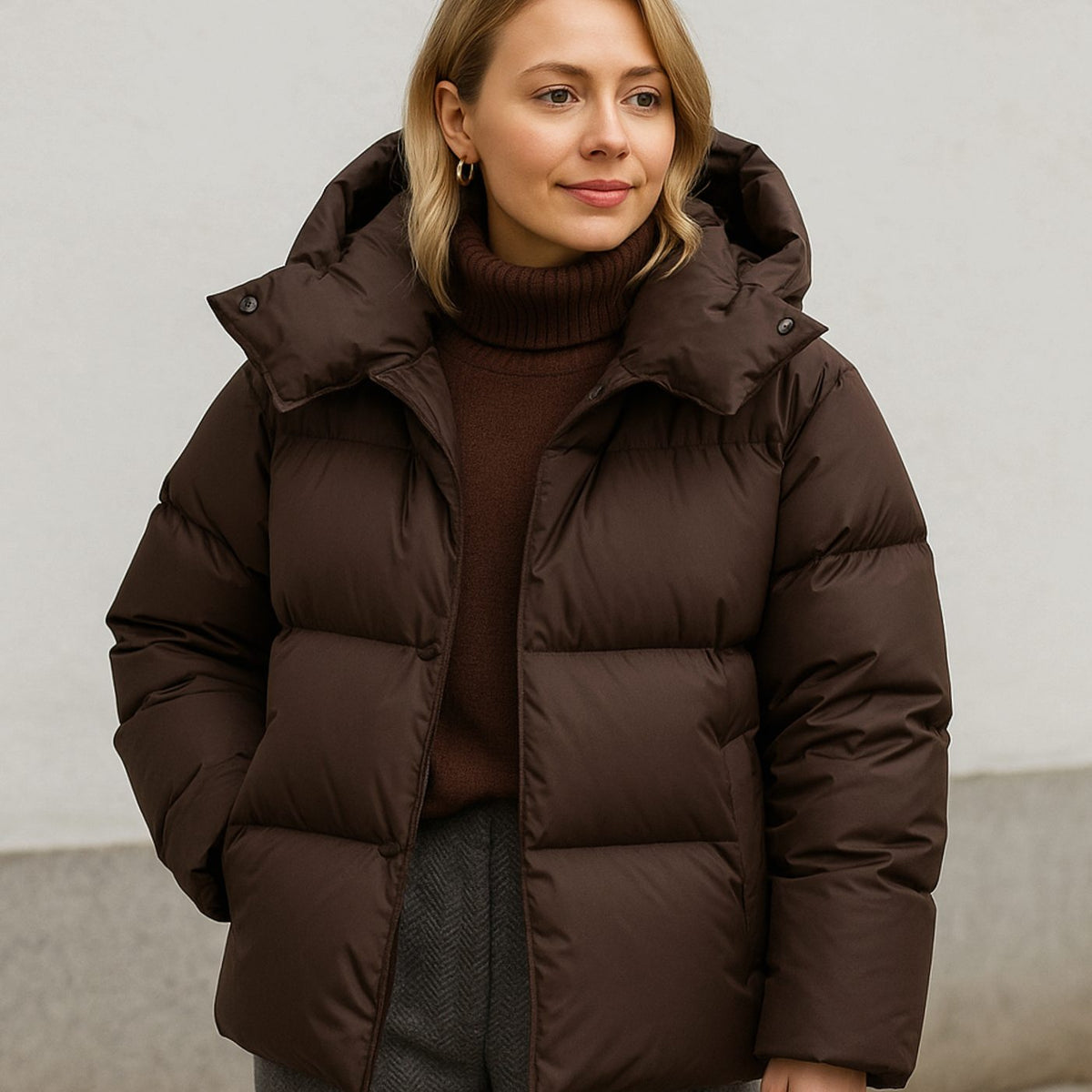 Women's Quilted Hooded Casual Jacket in Dark Brown