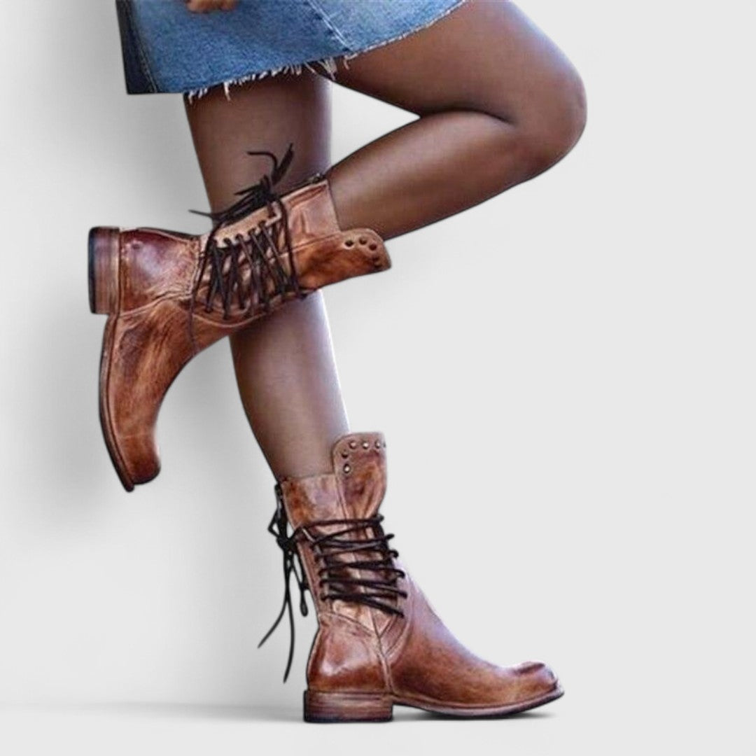 Women's Studded Lace-Up Casual Boots in Brown