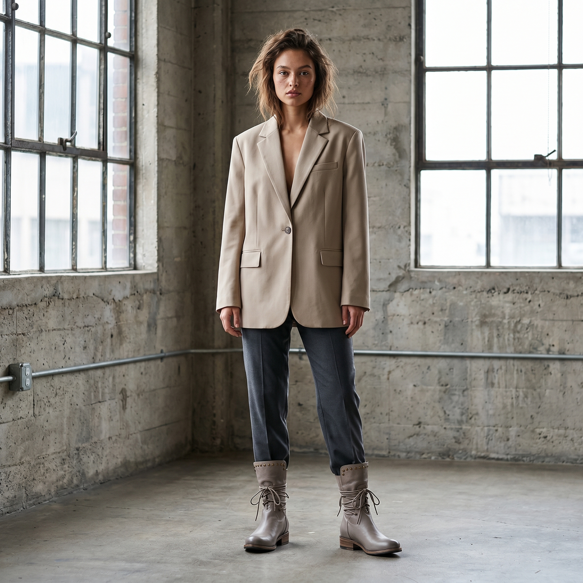 Women's Studded Lace-Up Casual Boots in Taupe