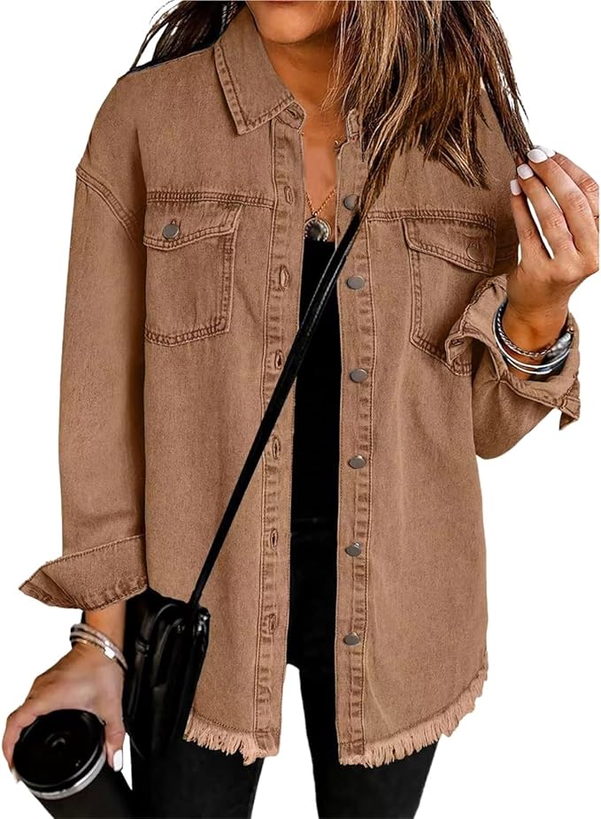 Women's Button-Front Frayed Hem Casual Jacket in Light Brown