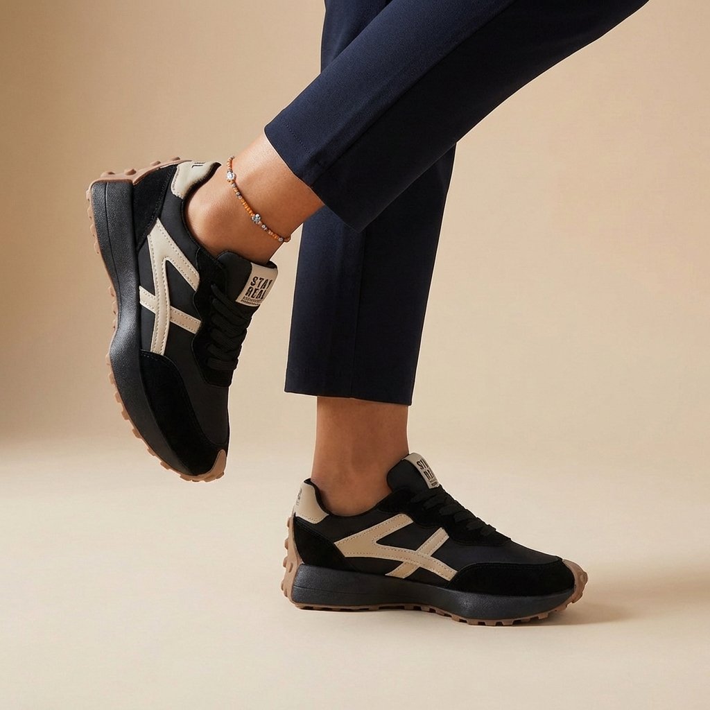 Women's Lace-Up Casual Trainers in Black & Beige
