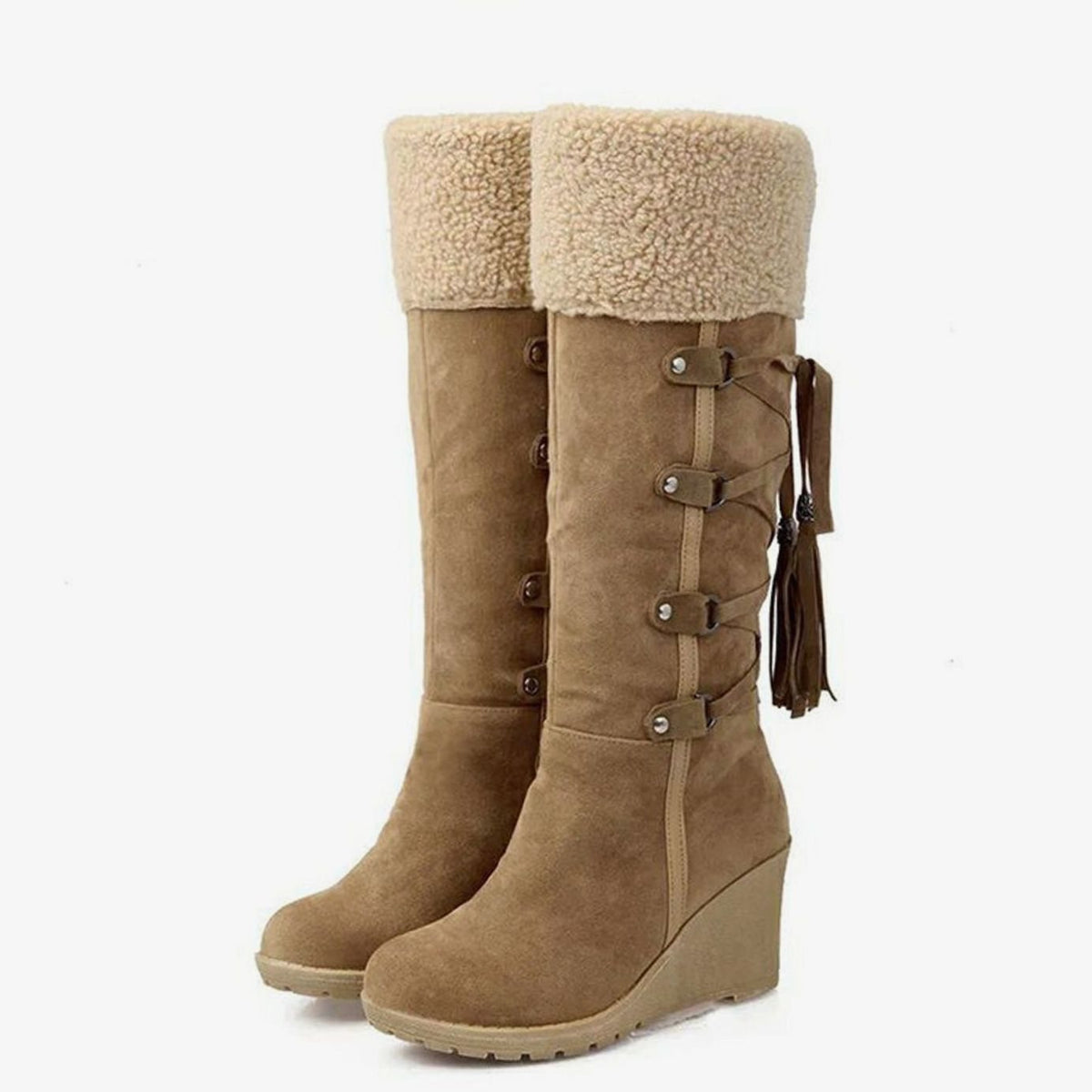 Women's Tasselled Casual Knee High Boots in Khaki