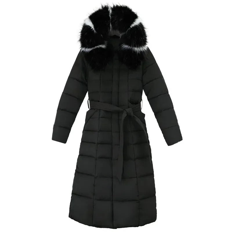 Women's Hooded Belted Quilted Casual Coat in Black