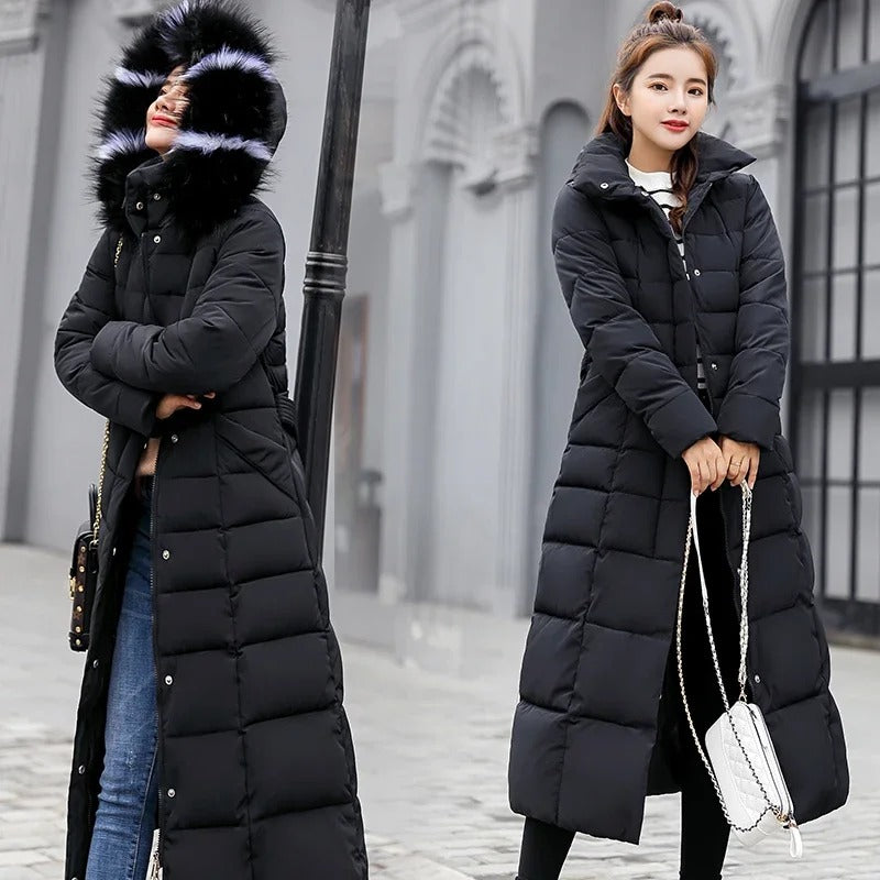 Women's Hooded Belted Quilted Casual Coat in Black