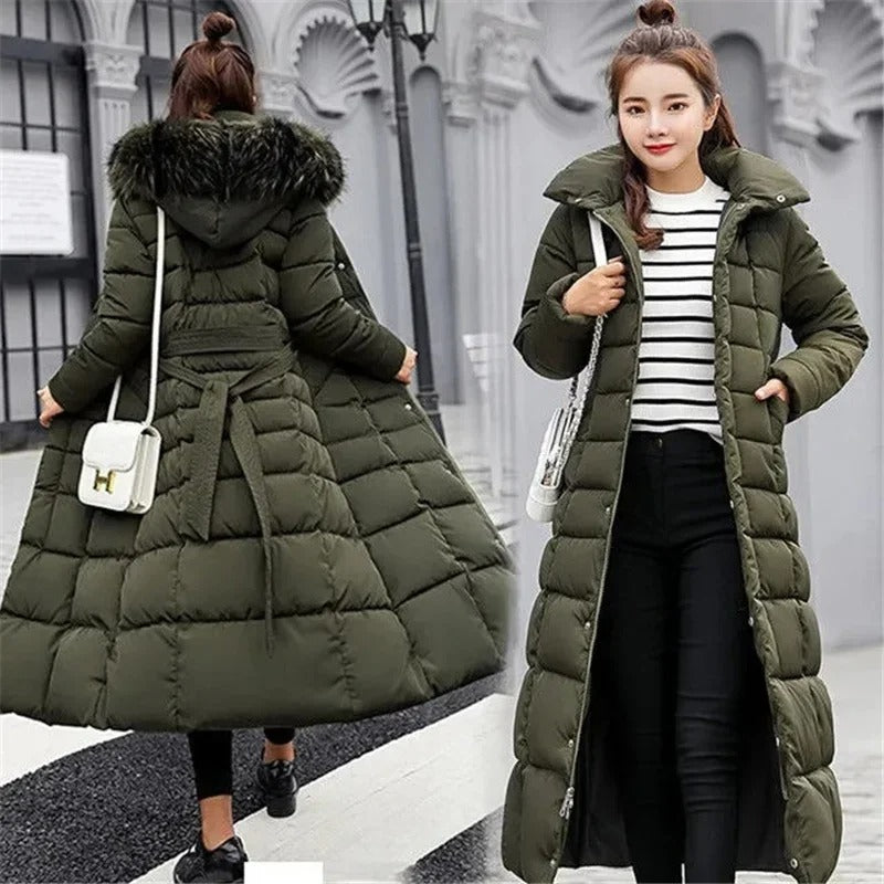 Women's Hooded Belted Quilted Casual Coat in Olive