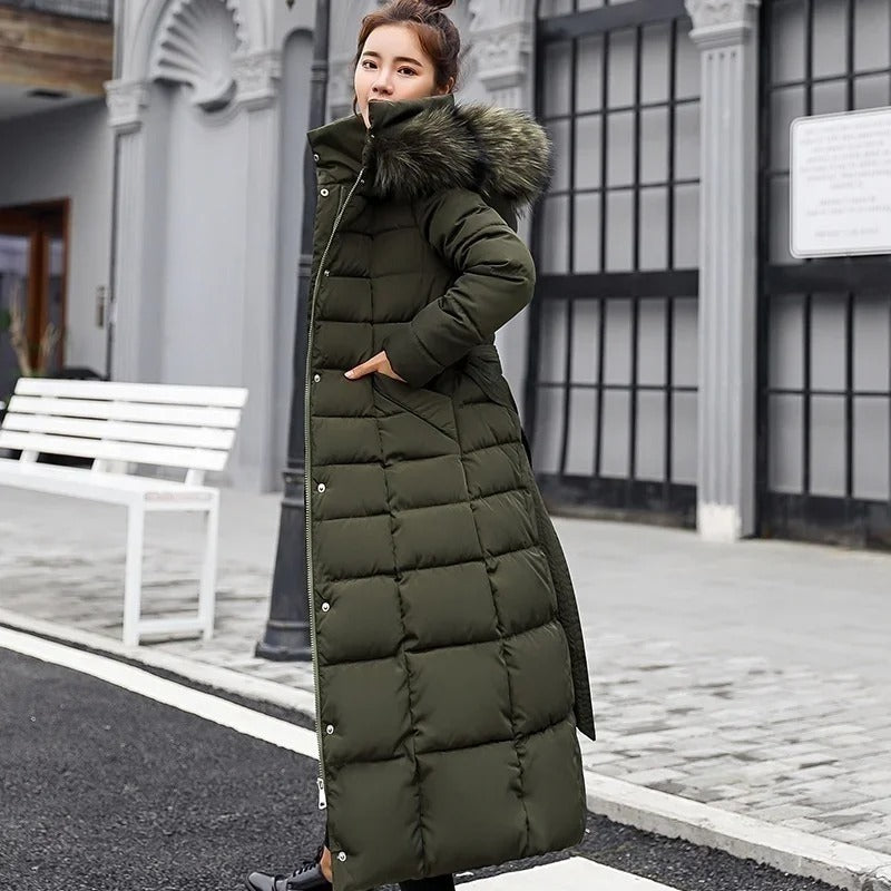 Women's Hooded Belted Quilted Casual Coat in Olive