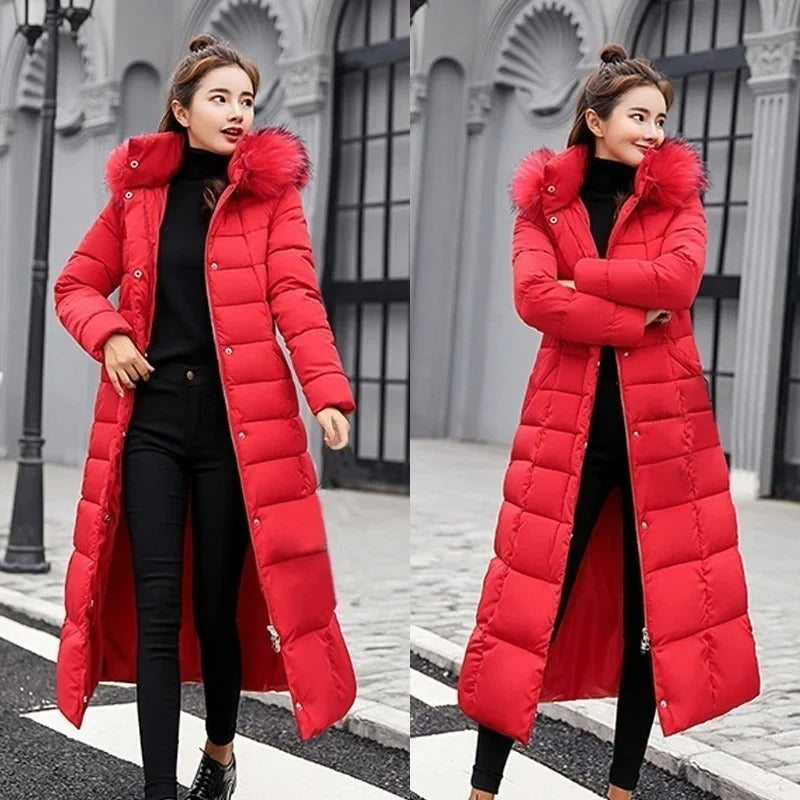 Women's Hooded Belted Quilted Casual Coat in Red