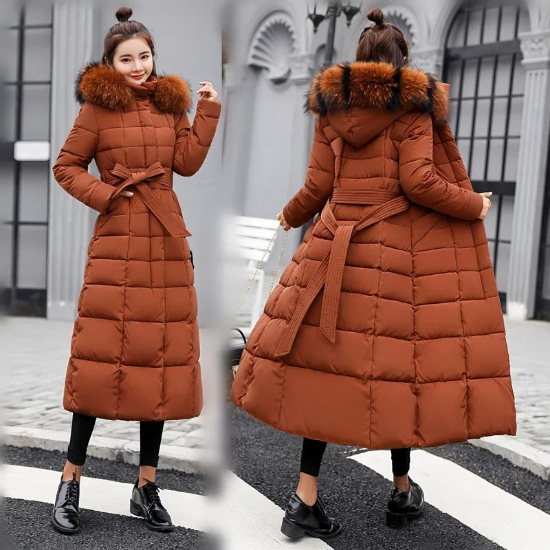 Women's Hooded Belted Quilted Casual Coat in Rust
