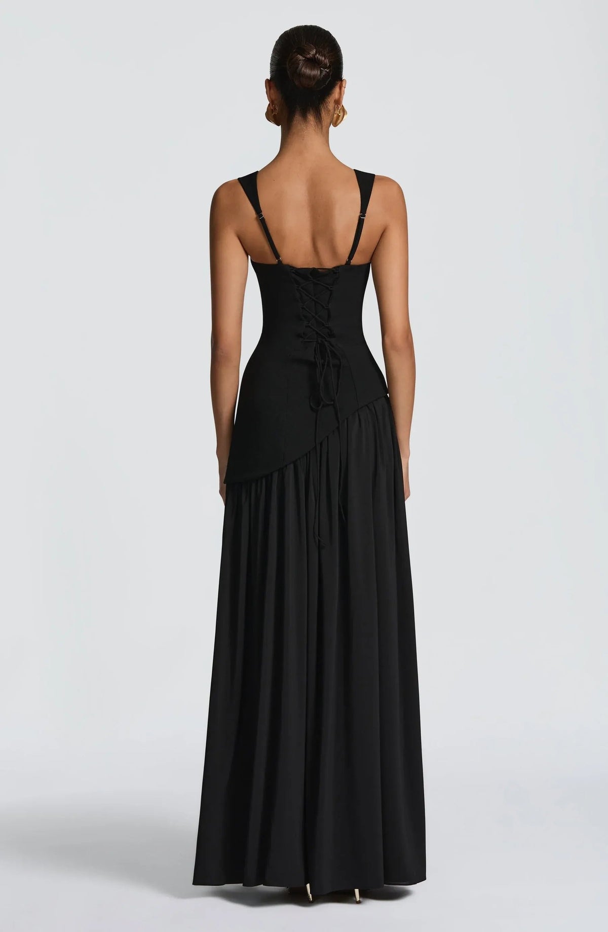 Corset Bodice Split Evening Maxi Dress in Black