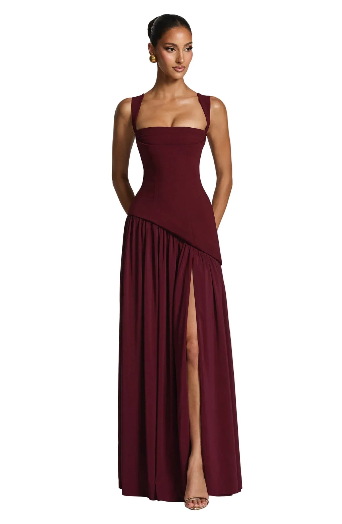 Corset Bodice Split Evening Maxi Dress in Burgundy