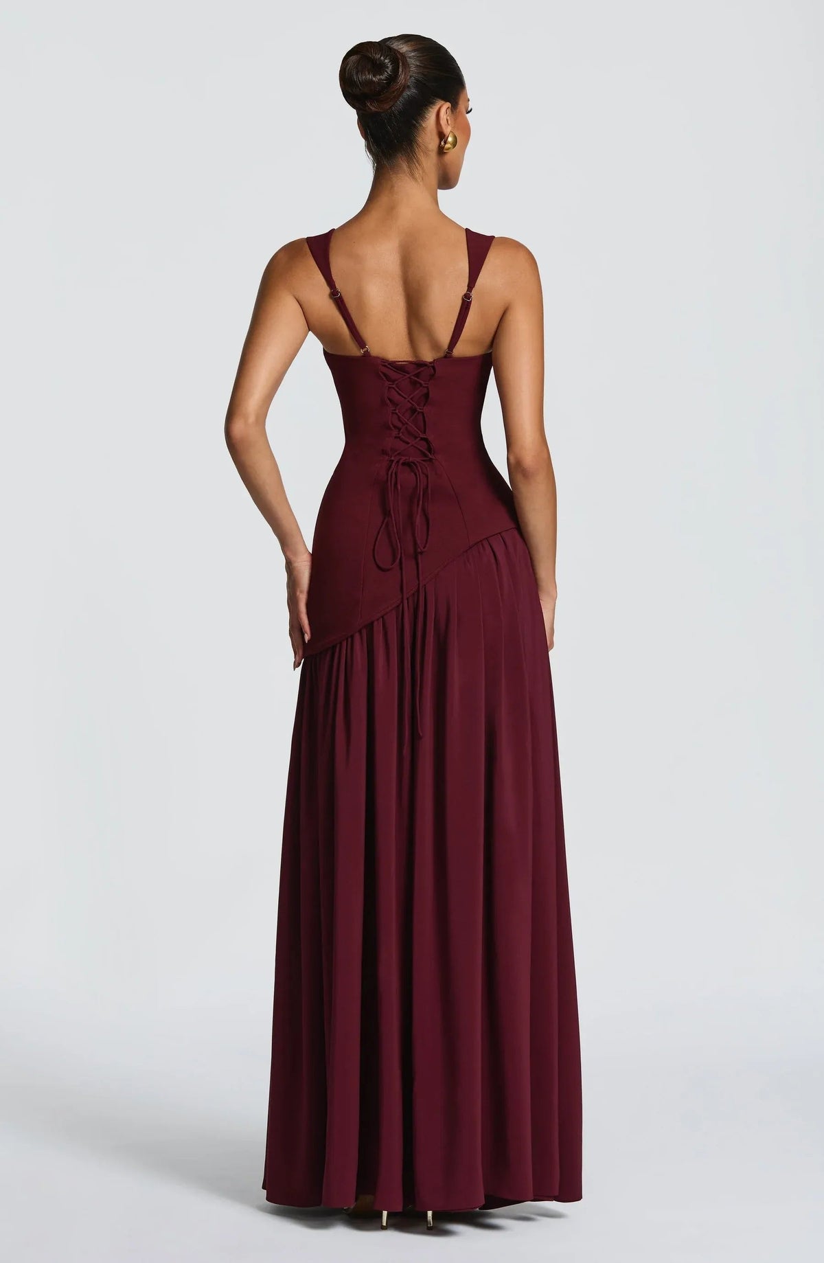 Corset Bodice Split Evening Maxi Dress in Burgundy