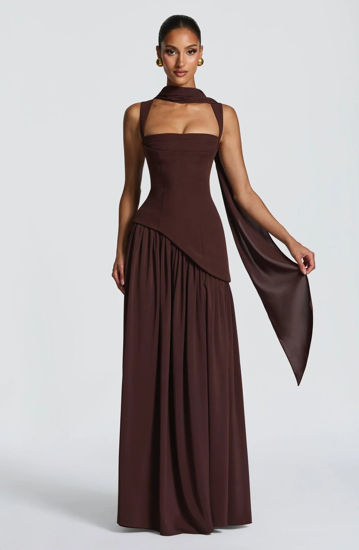 Corset Bodice Split Evening Maxi Dress in Dark Brown
