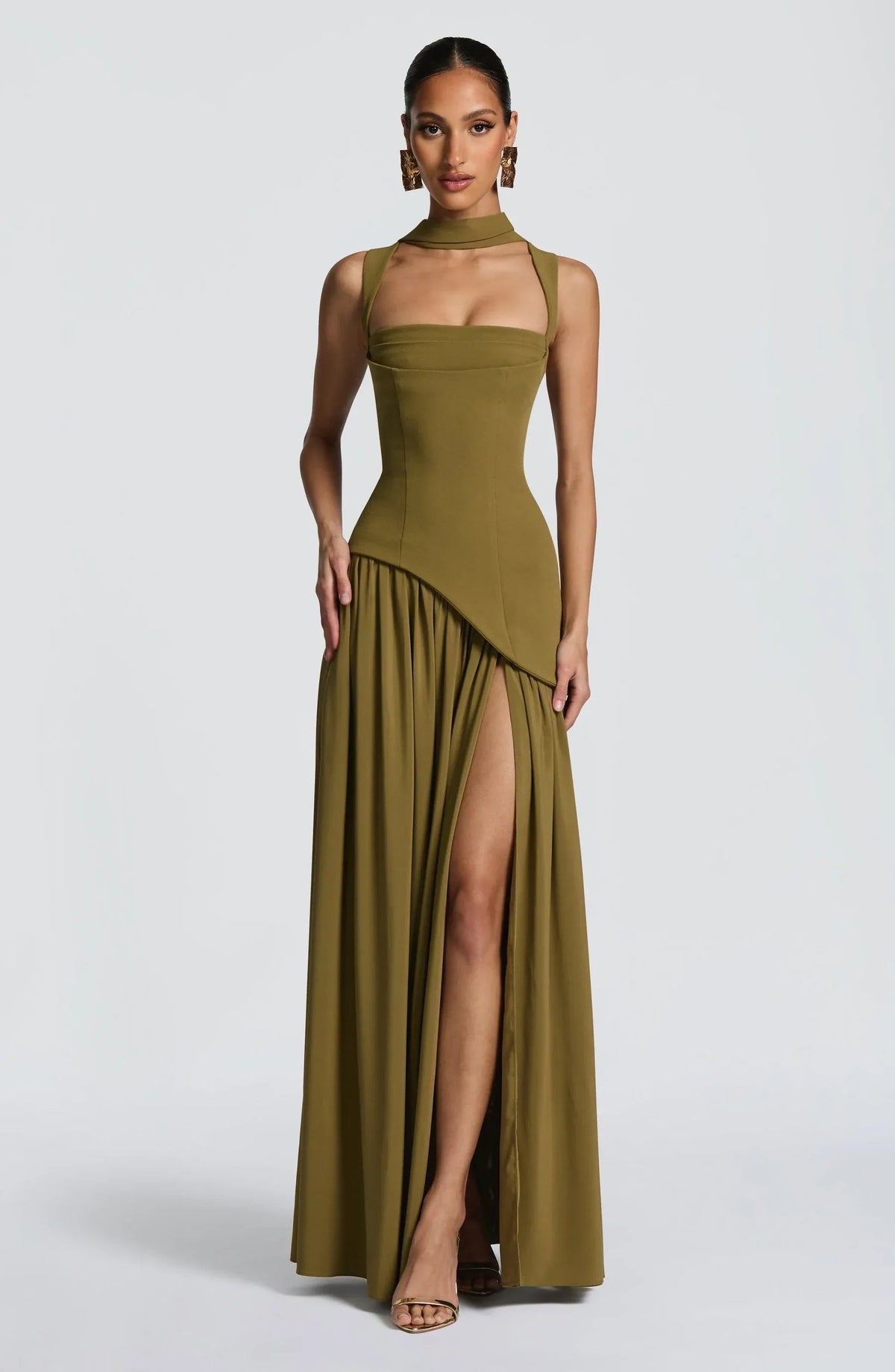 Corset Bodice Split Evening Maxi Dress in Olive