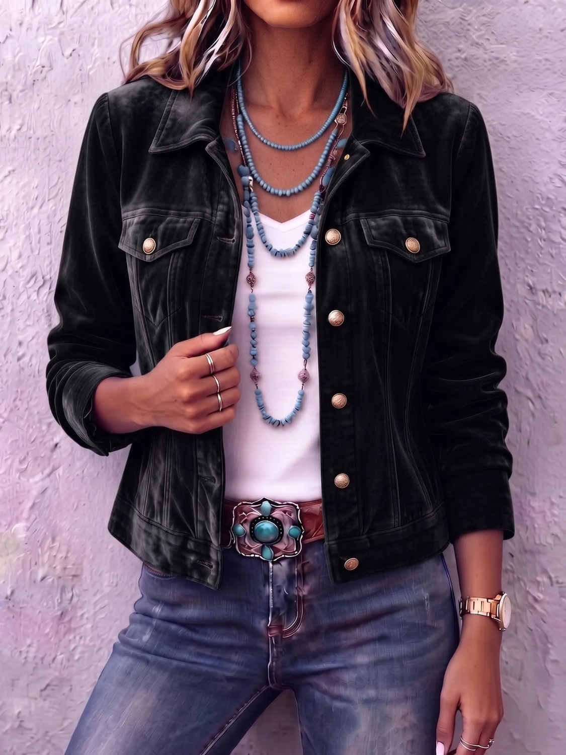 Women's Button-Front Casual Jacket in Black