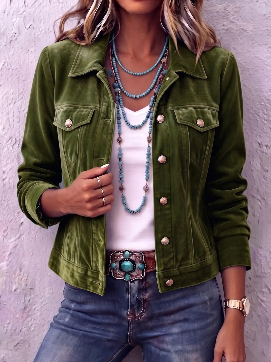 Women's Button-Front Casual Jacket in Olive