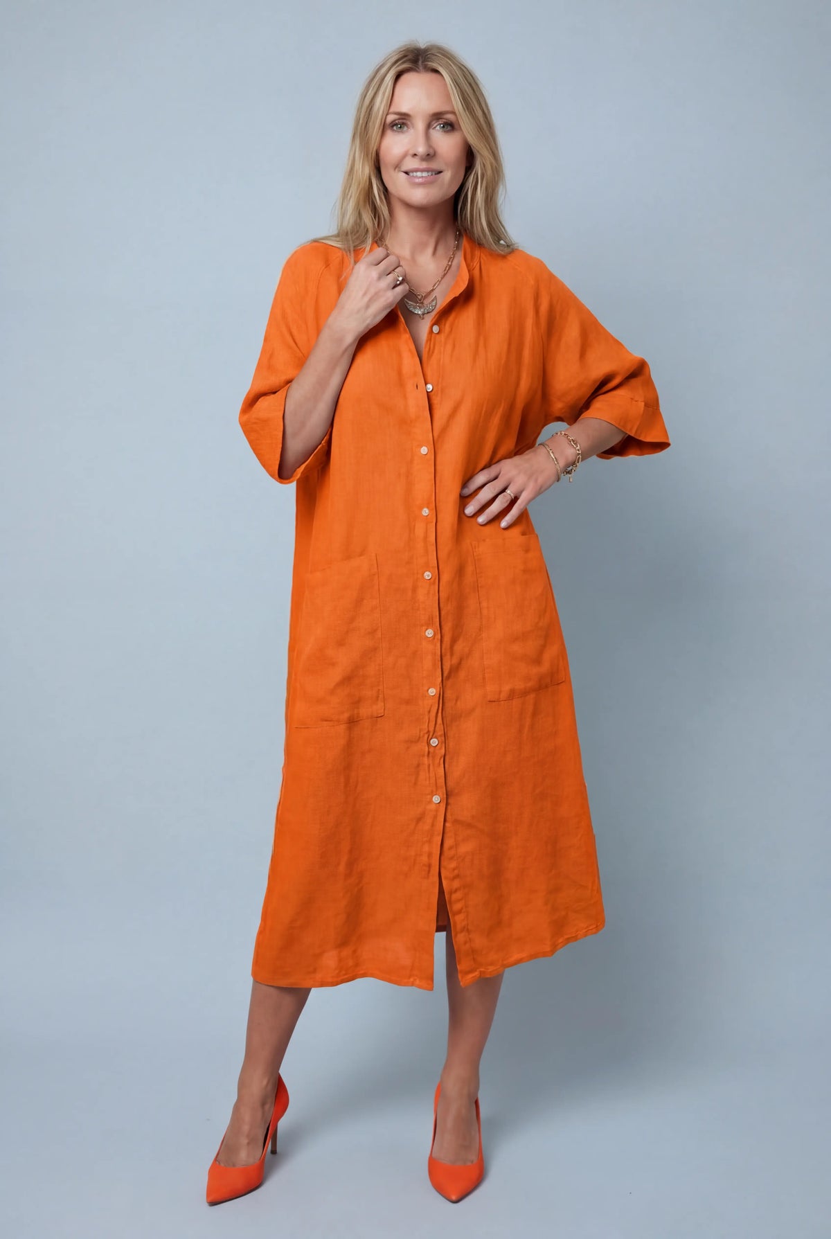 Button-Front Casual Midi Dress in Orange