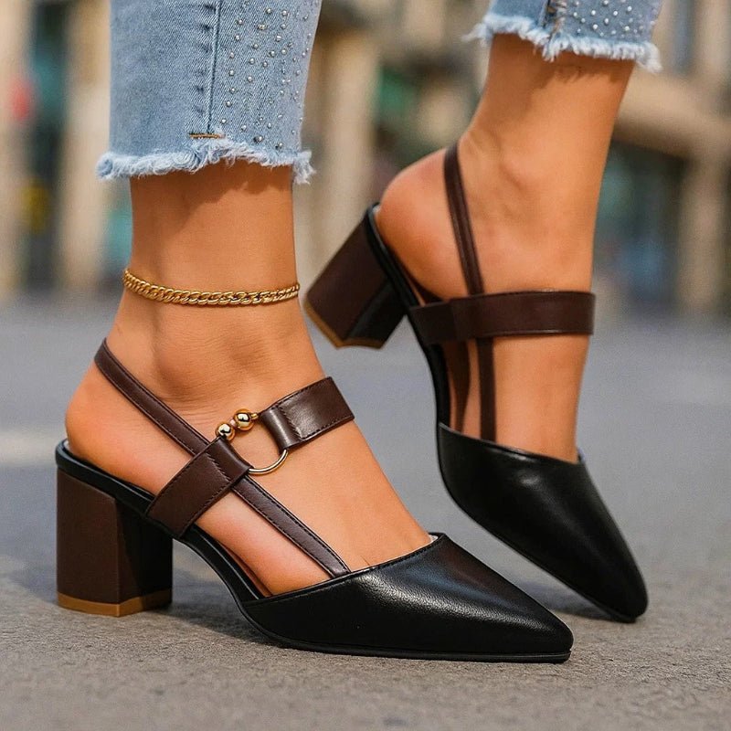 Pointed-Toe Slingback Casual Heels in Black