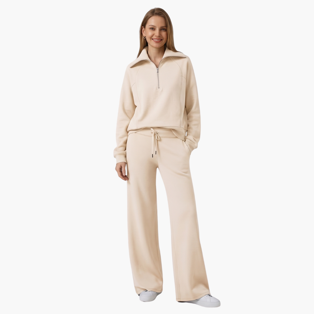 Women's Half-Zip Casual Lounge Set in Beige