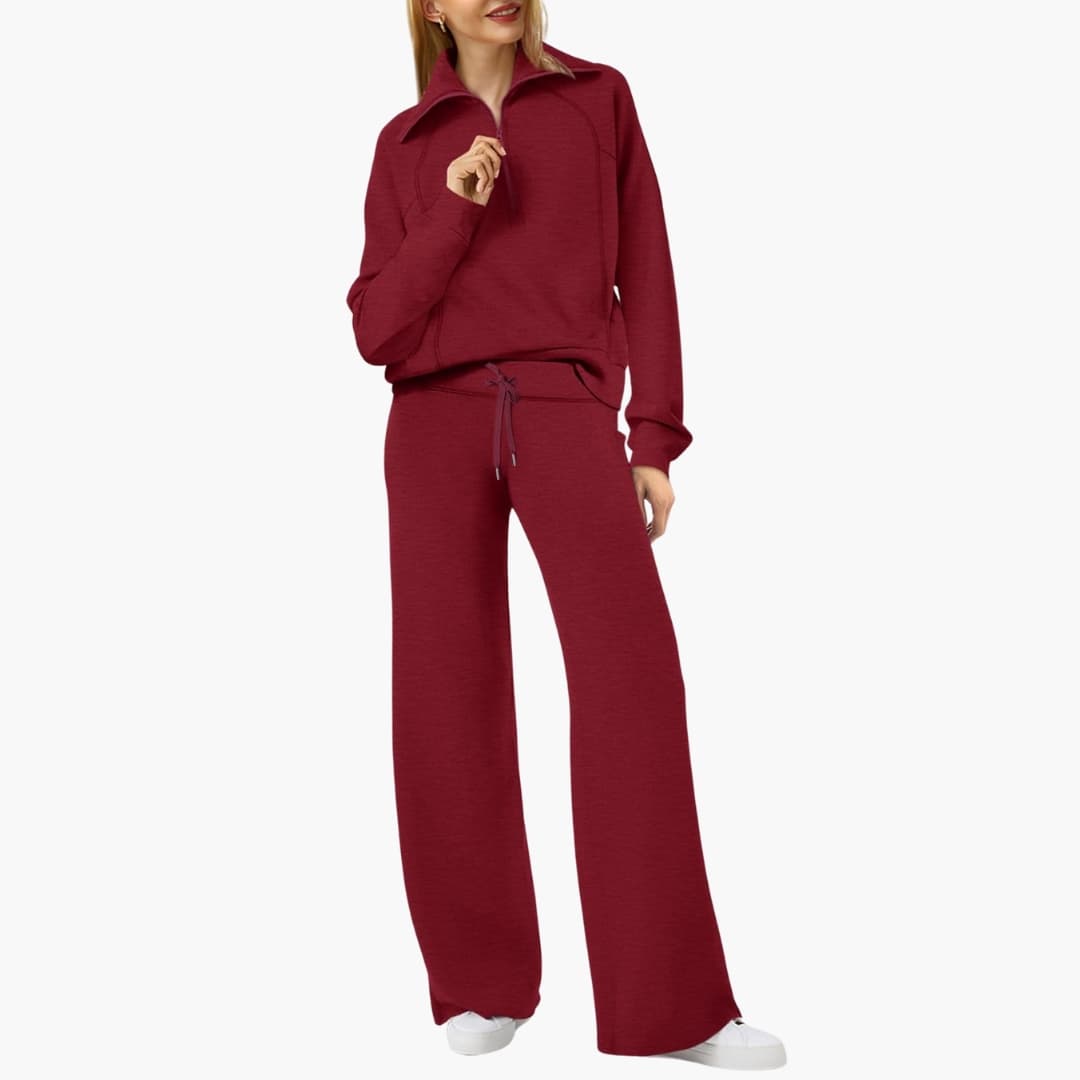 Women's Half-Zip Casual Lounge Set in Burgundy