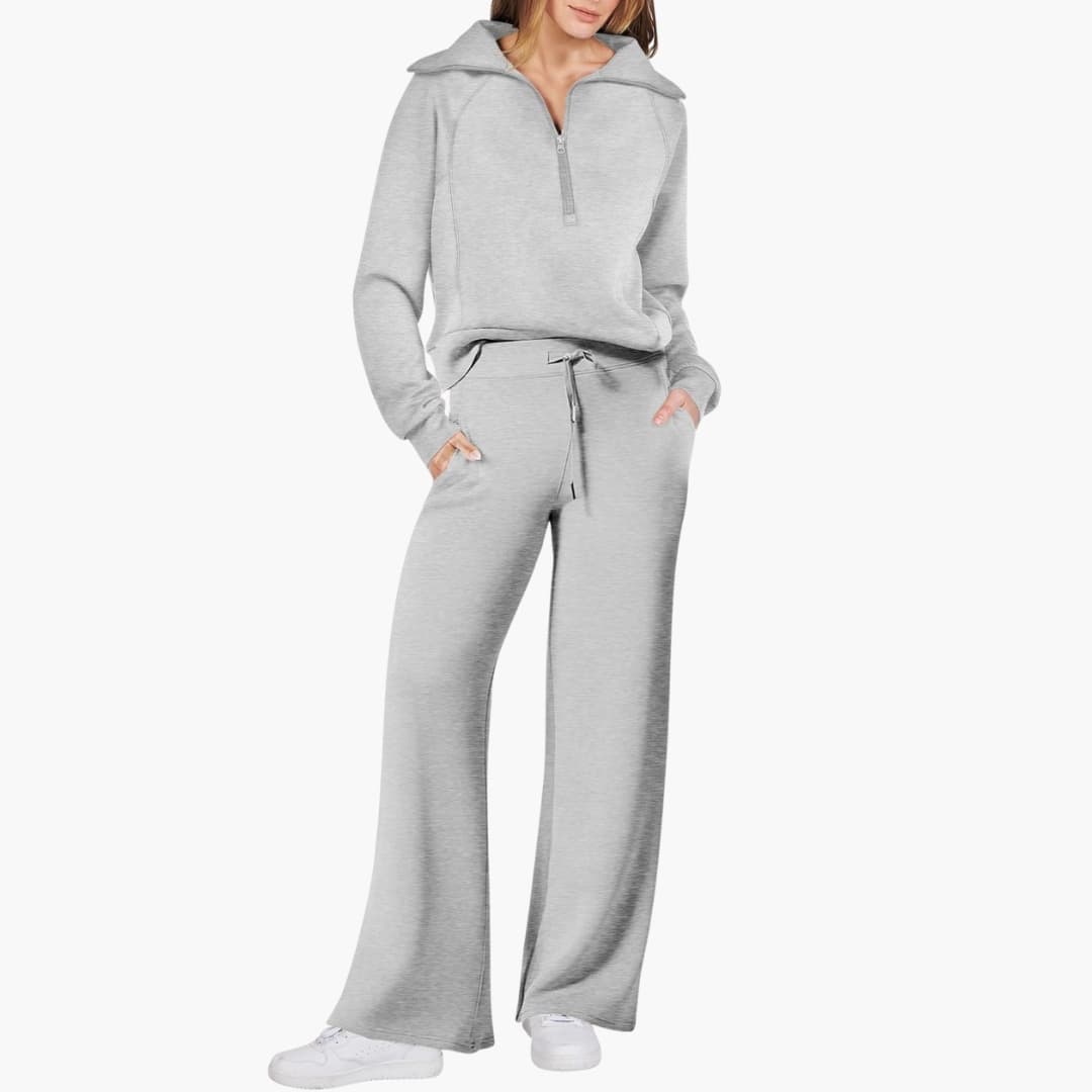 Women's Half-Zip Casual Lounge Set in Light Grey