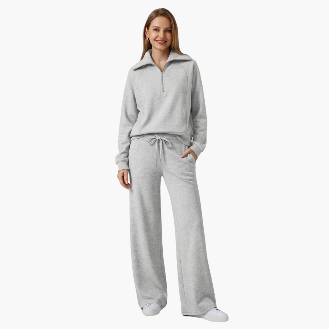 Women's Half-Zip Casual Lounge Set in Light Grey