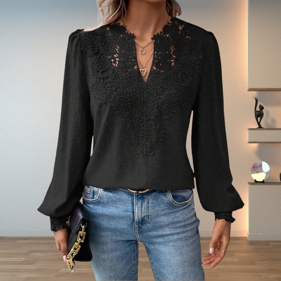 Lace V-Neck Lantern-Sleeve Casual Blouse in Black