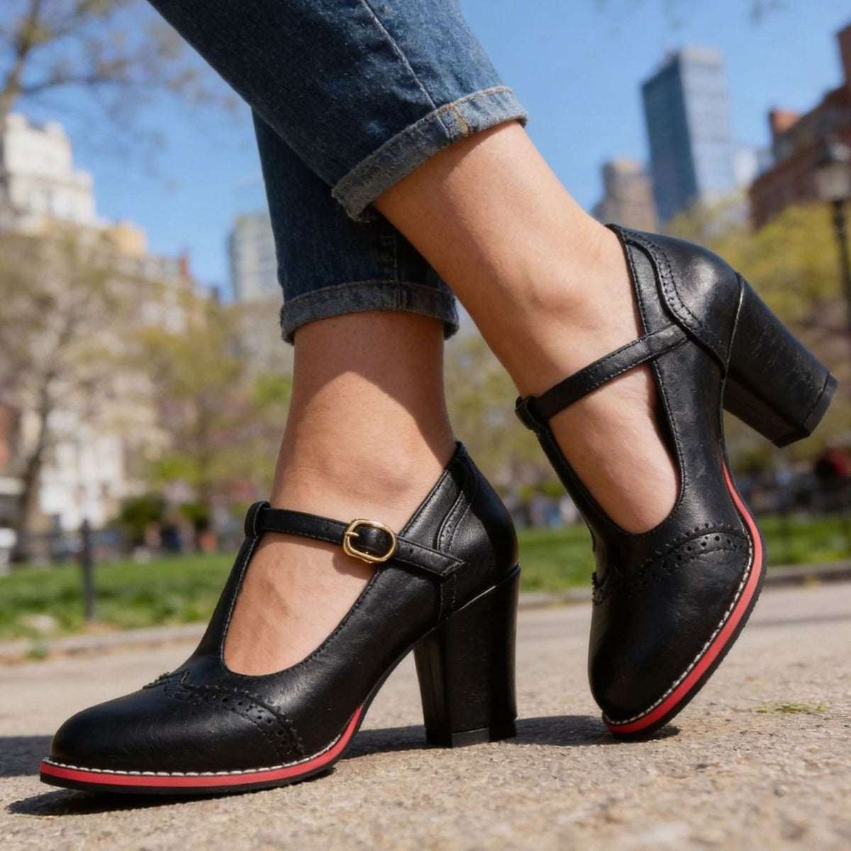 Orthopaedic T-Bar Workwear Heels in Black