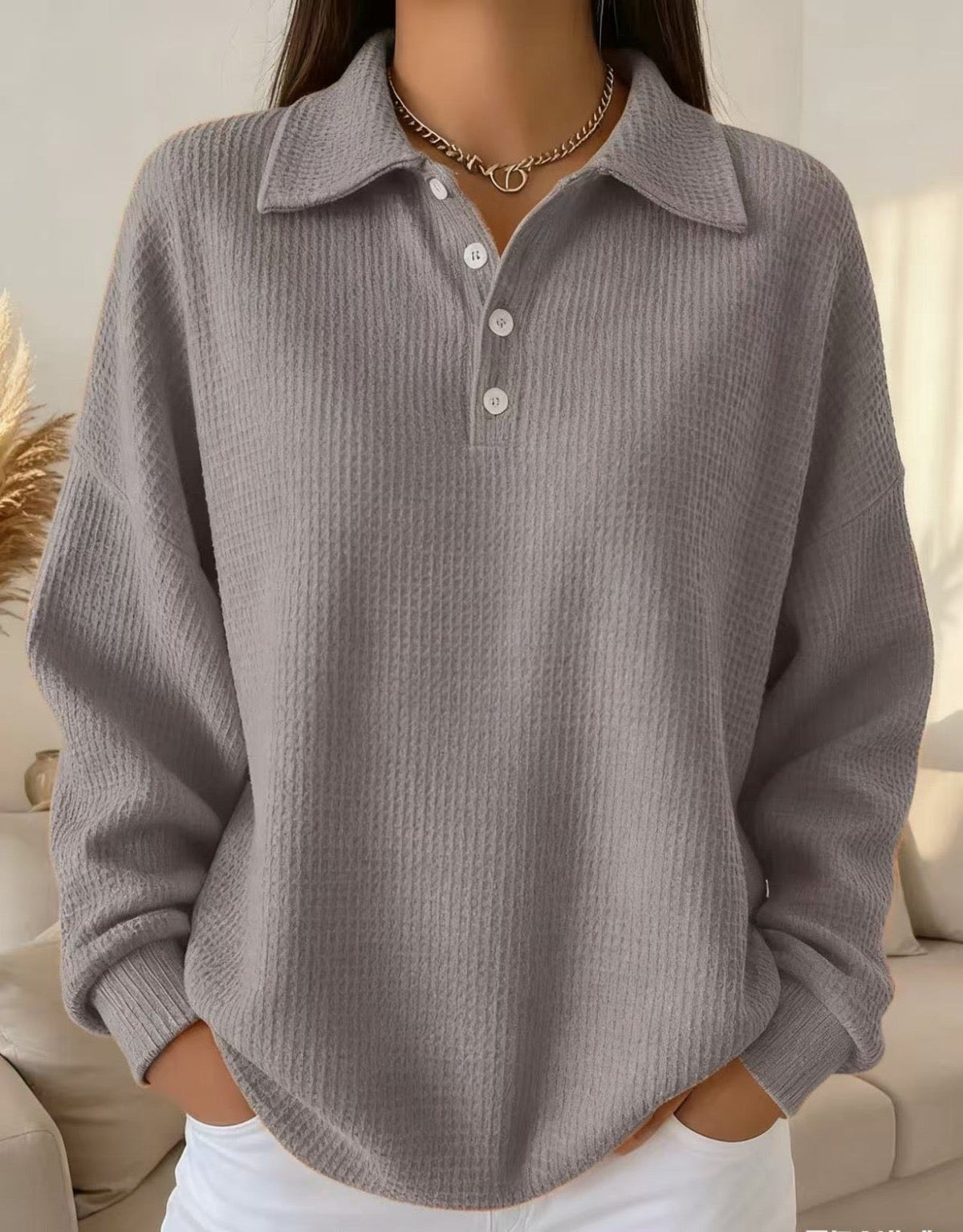 Women's Polo-Collar Casual Jumper in Taupe