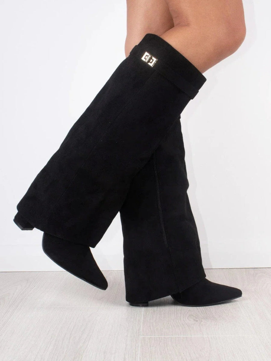 Women's Foldover Casual Knee High Boots in Black (Brushed Finish)