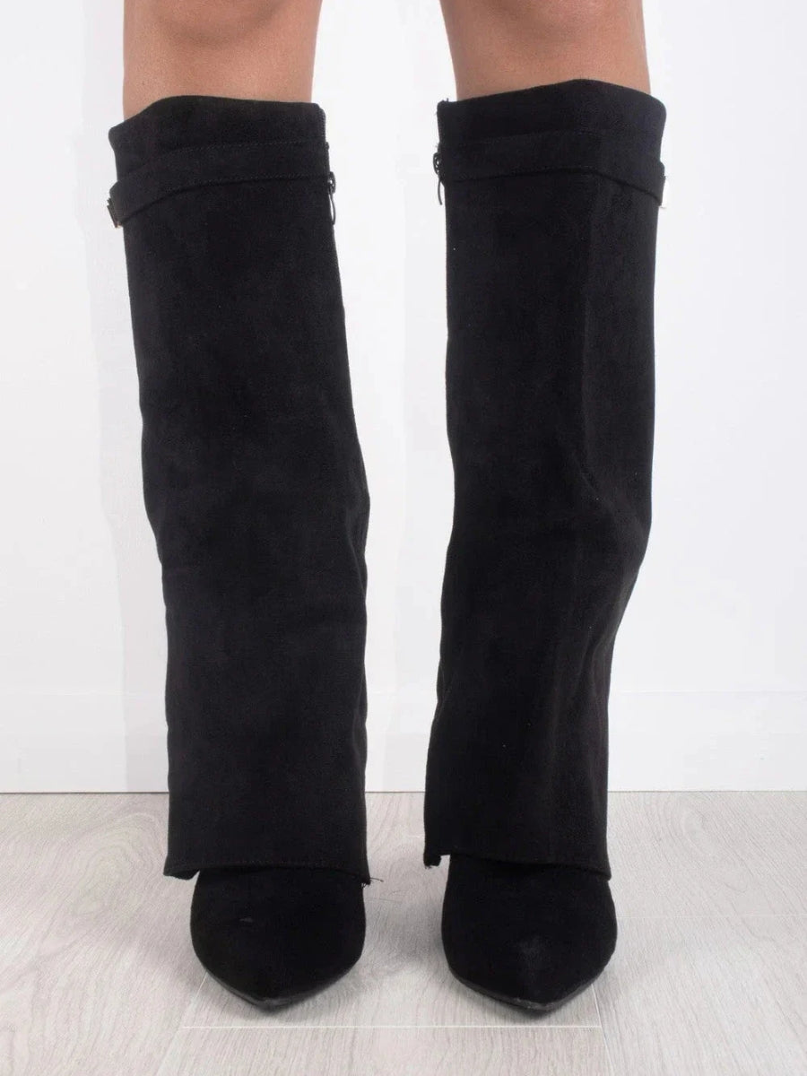 Women's Foldover Casual Knee High Boots in Black (Brushed Finish)