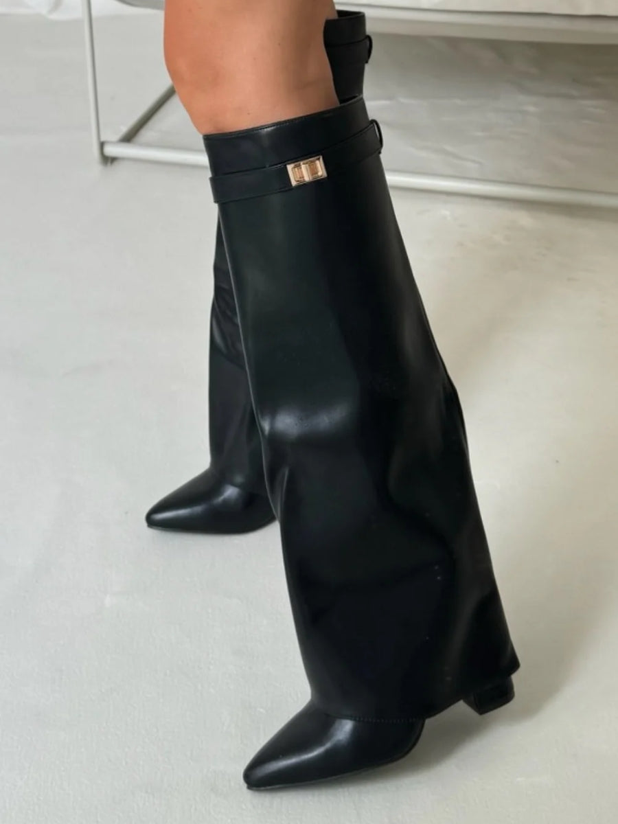 Women's Foldover Casual Knee High Boots in Black (Smooth Finish)