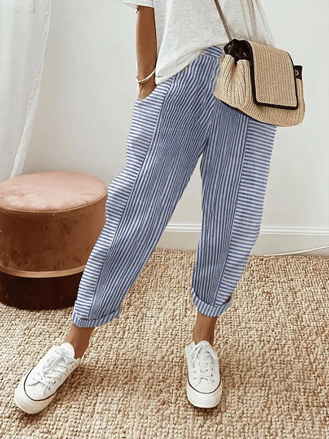 Women's Striped Casual Trousers in Blue