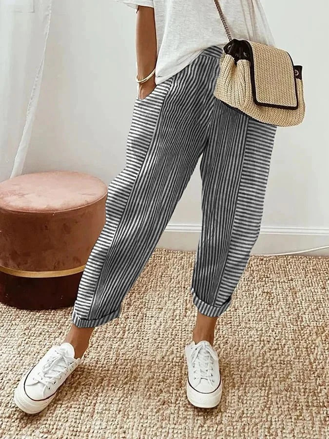 Women's Striped Casual Trousers in Dark Grey