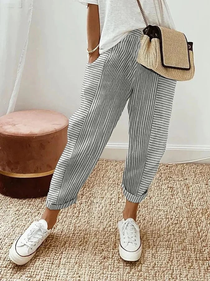 Women's Striped Casual Trousers in Light Grey