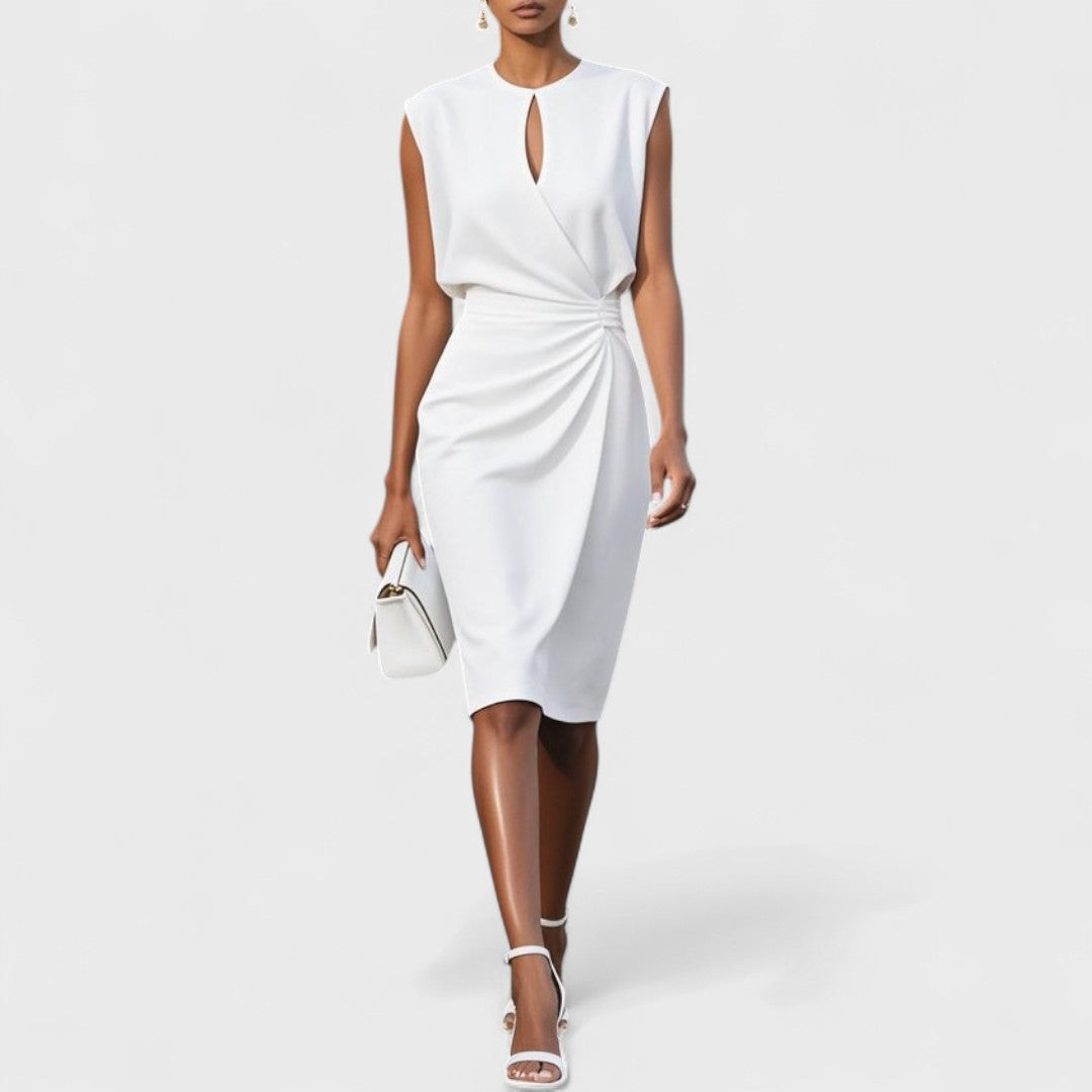 Keyhole Wrap-Front Cocktail Midi Dress in White
