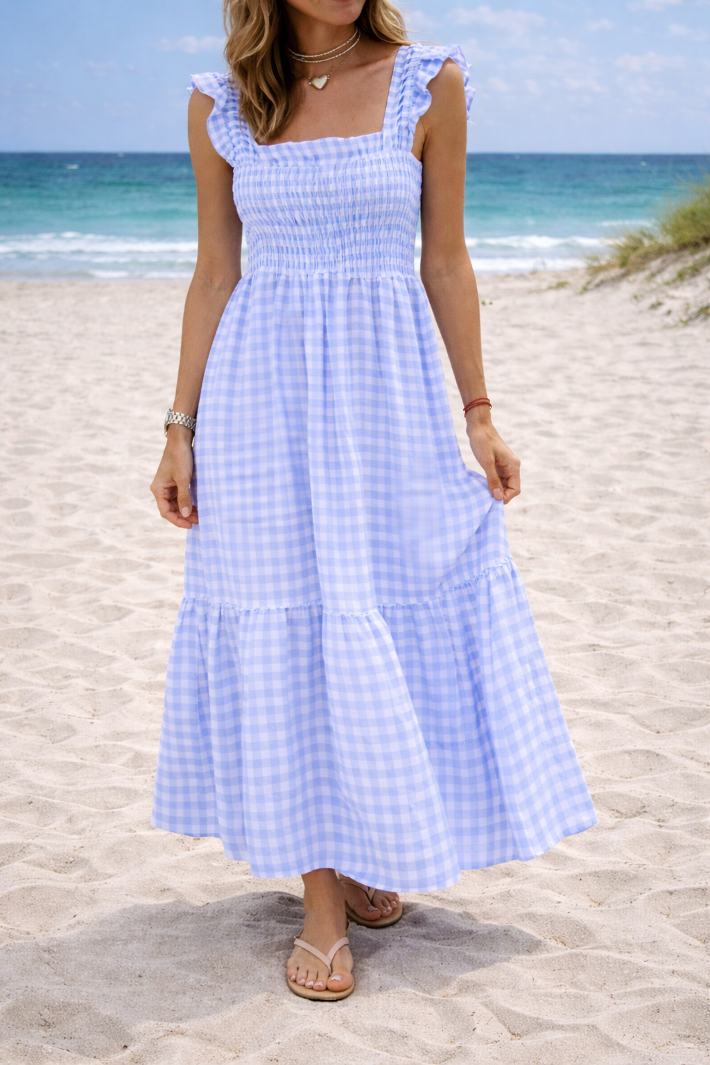 Smocked Tiered Holiday Maxi Dress in Light Blue