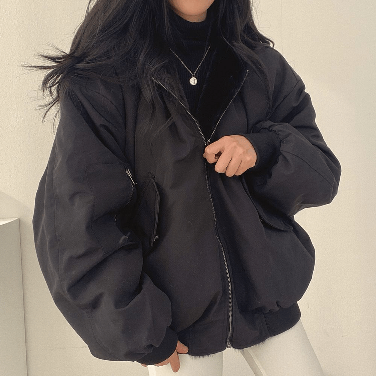 Women's Oversized Zip-Front Casual Jacket in Black