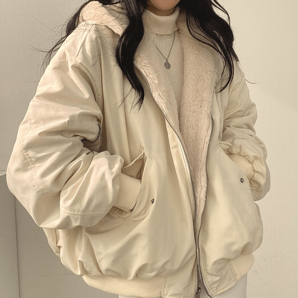 Women's Oversized Zip-Front Casual Jacket in Cream