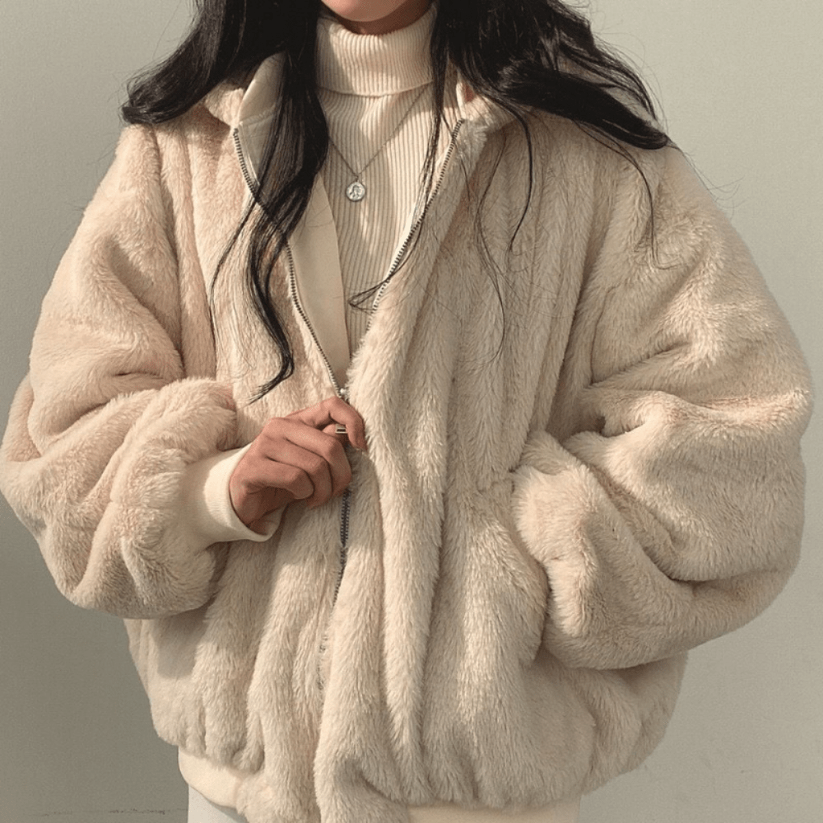 Women's Oversized Zip-Front Casual Jacket in Cream