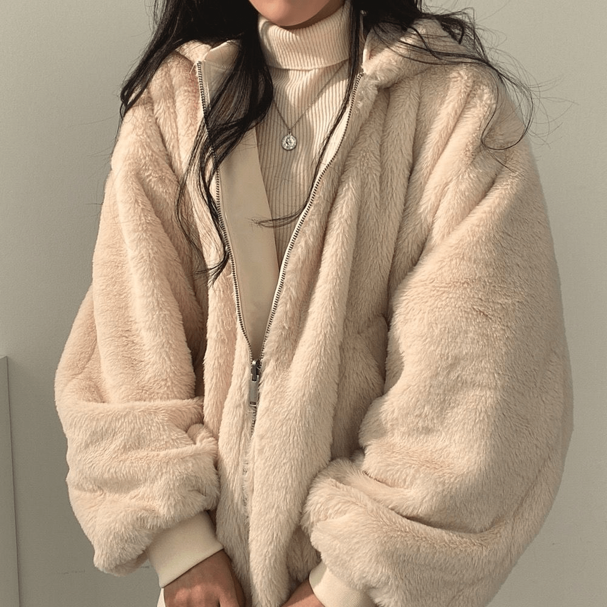 Women's Oversized Zip-Front Casual Jacket in Cream